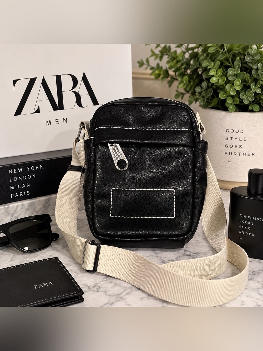 ZARA Men’s Black Textured Faux Leather Crossbody Bag Cream Canvas Strap